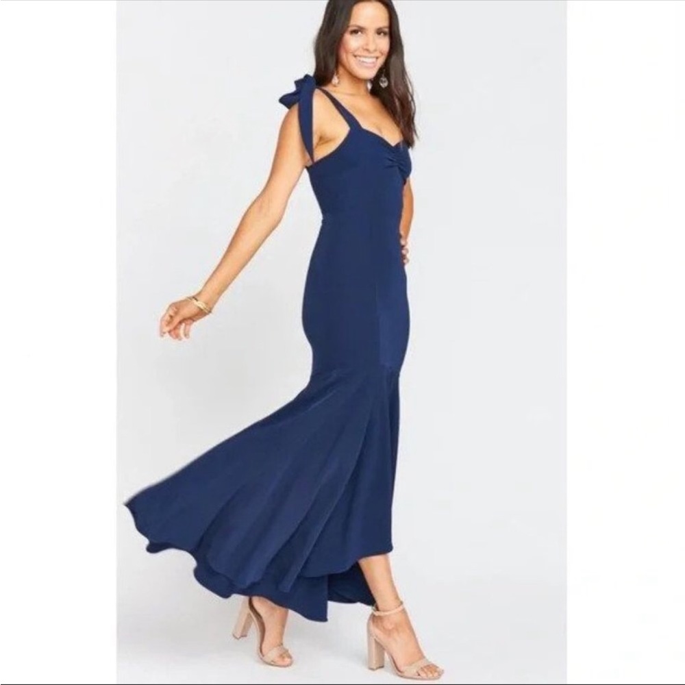 Show me your Mumu Barcelona ruffle gown dress braidsmaid navy blue M
